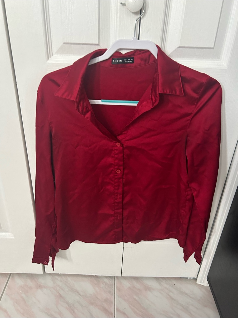 SHEIN Red Satin Button-Down Shirt